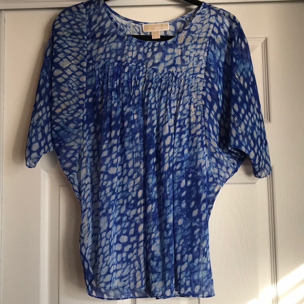 Michael Kors flowing blue/white w/gold thread top